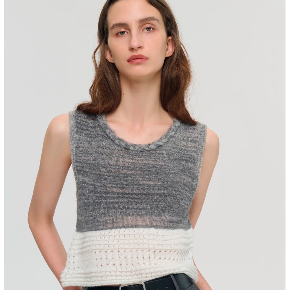 Gray and White Sleeveless Knit Top